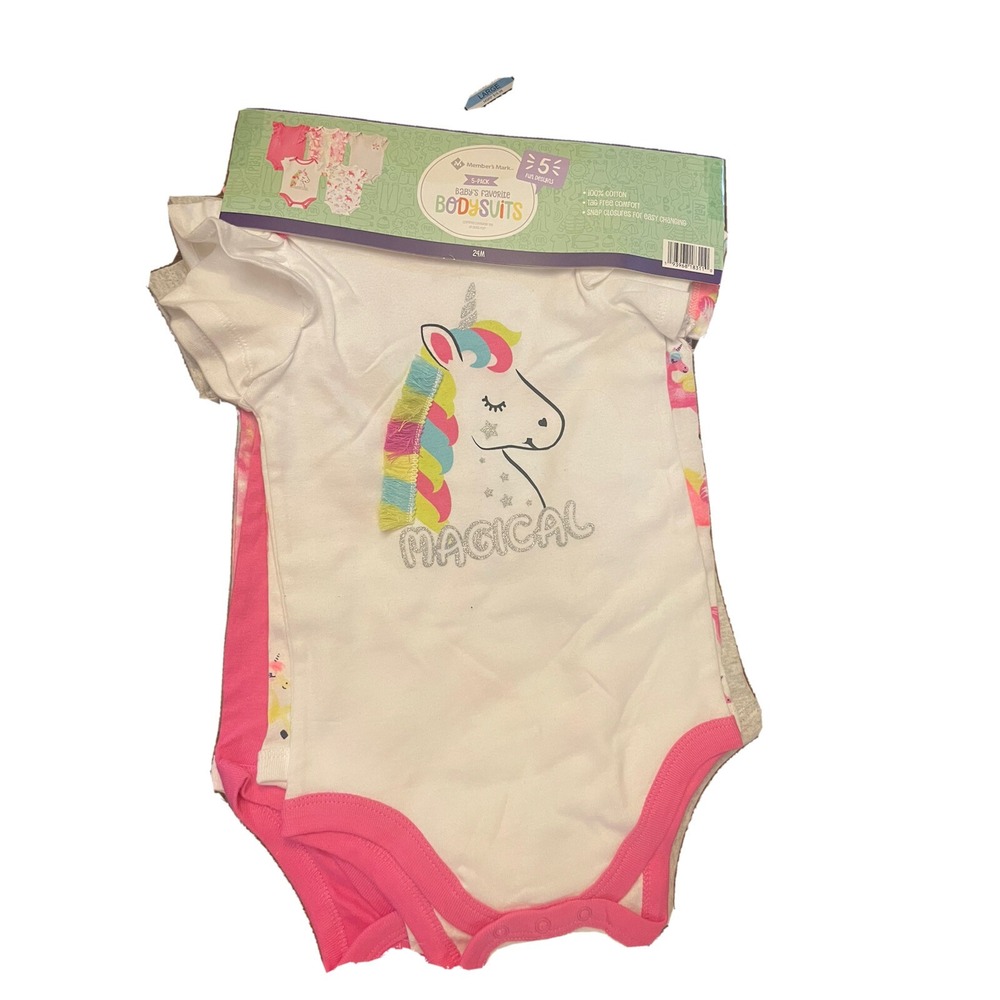 Member's Mark Baby's Favorite Bodysuits Girls Unicorn 5 Pack 6-9‎ Months